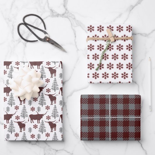 Maroon Buffalo Plaid Longhorn Pattern Geschenkpapier Set (Vorderseite)