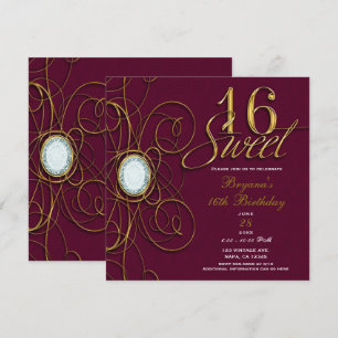Maroon Burgund Weinrot Gold Diamant Sweet 16 Gebur Einladung