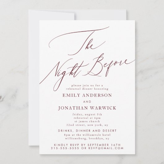 Maroon Burgundy Die Nacht vor der Hochzeit der Pro Einladung (Vorderseite)