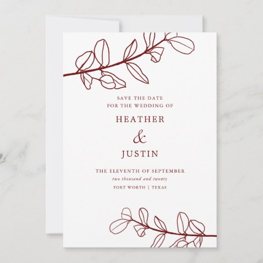 Maroon Burgundy Foliage Modern Save the Date Einladung (Vorderseite)