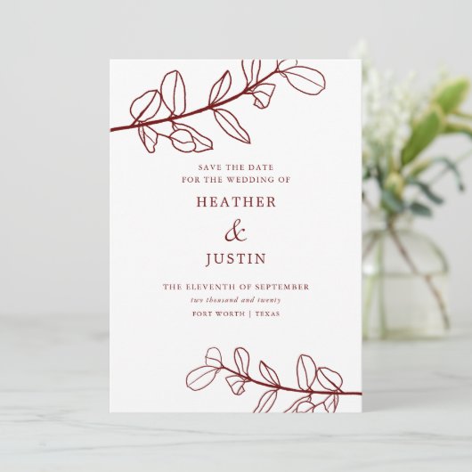 Maroon Burgundy Foliage Modern Save the Date Einladung (Stehend Vorderseite)