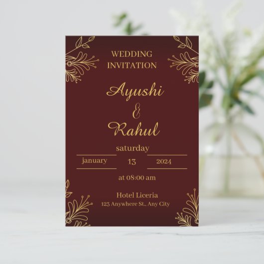 Maroon Burgundy Gold Foil Look Wedding Invitation Save The Date (Stehend Vorderseite)