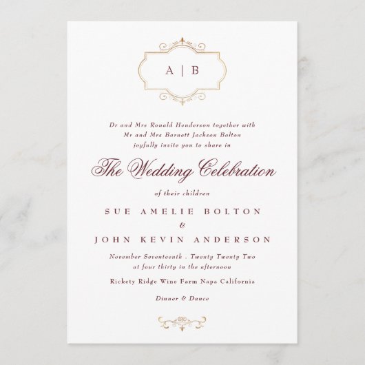 Maroon burgundy Marineblau traditionelle Hochzeit Einladung (Vorderseite)