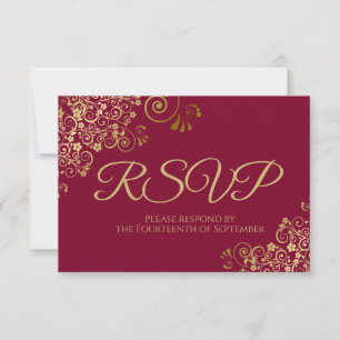 Maroon Burgundy mit elegantem Gold Lace Wedding RSVP Karte