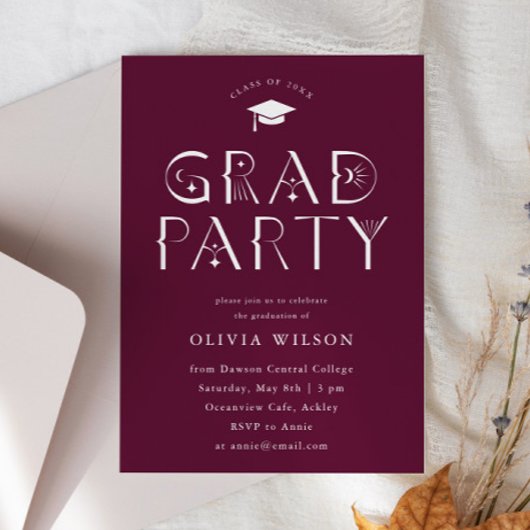 Maroon Celestial Typografy Grad Party Einladung