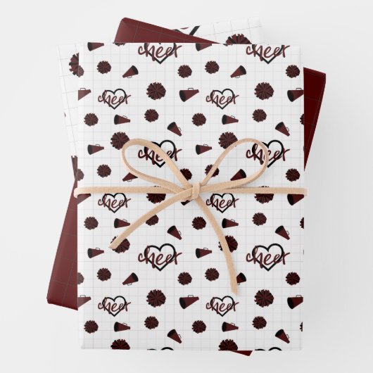 Maroon Cheer Hearts, Pom Poms, Megaphone Muster Geschenkpapier Set (Beispiel)
