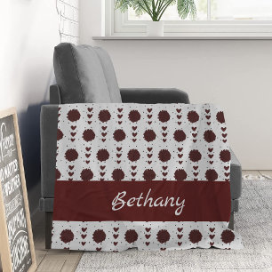 Maroon Cheerleader Pom Poms & Hearts Pattern Fleecedecke