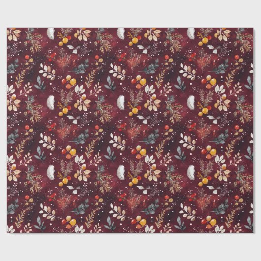 MAROON CHRISTMAS FESTIVE DEKORATION FEATHER FLORAL GESCHENKPAPIER (Flach)