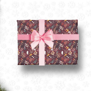 MAROON CHRISTMAS FESTIVE DEKORATION FEATHER FLORAL GESCHENKPAPIER