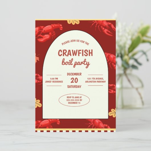 Maroon Crawfish Boil Party Picnic Celebration Einladung (Stehend Vorderseite)