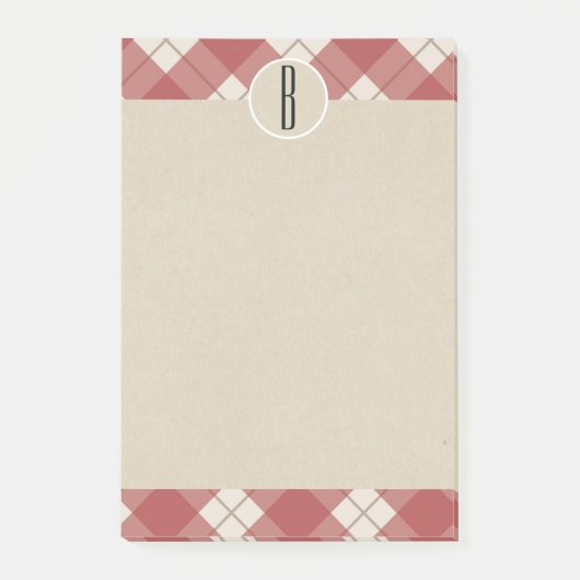 Maroon Cream Kariert Kraft Rustic Monogram Initial Post-it Klebezettel (Vorderseite)