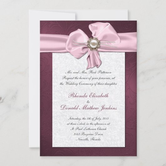 Maroon Damask Einladung zur Hochzeit (Vorderseite)