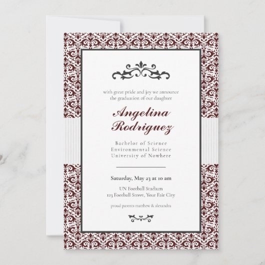 Maroon Damask Pattern Foto Abschluss Einladung (Vorderseite)