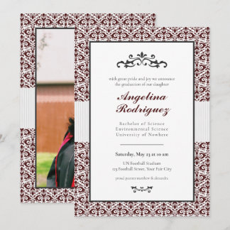 Maroon Damask Pattern Foto Abschluss Einladung