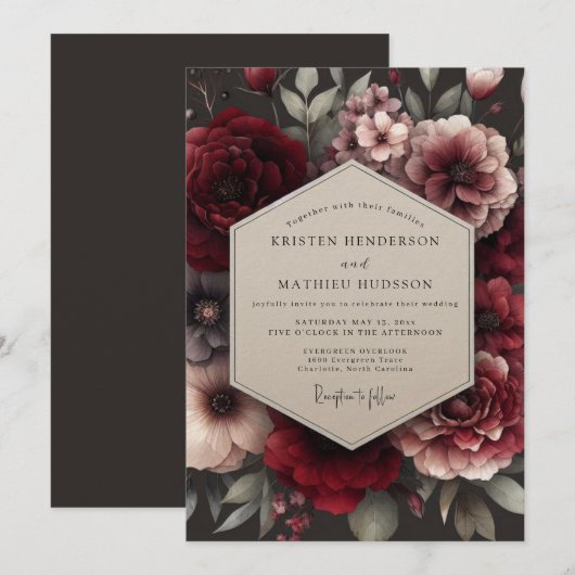 Maroon Decadent Bouquet Wedding Einladung (Vorne/Hinten)