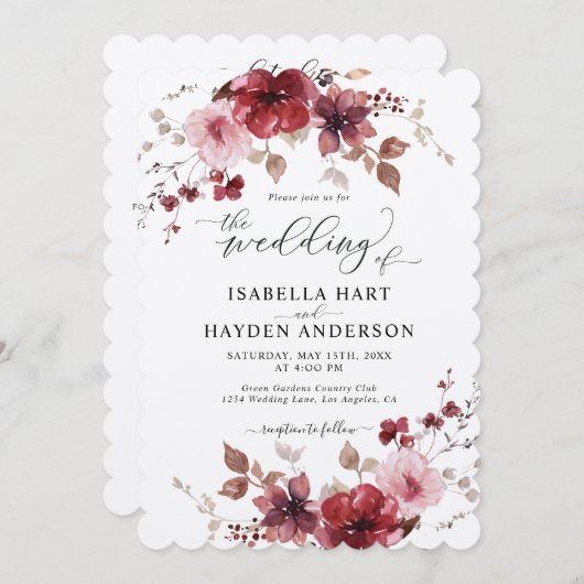 Maroon Dusty Rose Floral All in 1 QR Code Hochzeit Einladung (Vorne/Hinten)