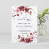 Maroon Dusty Rose Floral All in 1 QR Code Hochzeit Einladung (Stehend Vorderseite)