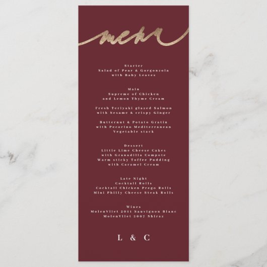Maroon Elegant Dark Red Plum Burgundy Wedding Menükarte (Vorderseite)
