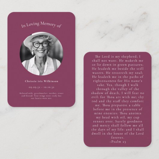 Maroon Elegant Psalm 23 Beerdigung Erinnerung Begleitkarte (Vorne/Hinten)