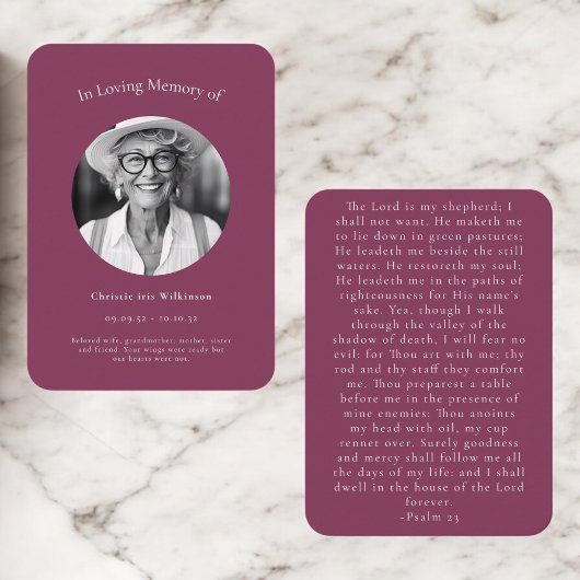 Maroon Elegant Psalm 23 Funeral Remembrance Begleitkarte