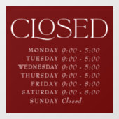 Maroon Elegant Serif Closed Sign Store Stunden Fensteraufkleber (Blatt)