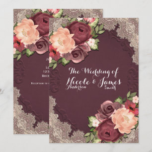 Maroon Elegante Lace & Floral Moderne Chic Hochzei Einladung
