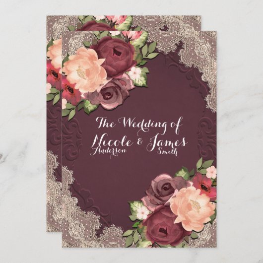 Maroon Elegante Lace & Floral Moderne Chic Hochzei Einladung (Vorne/Hinten)