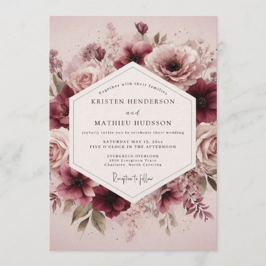 Maroon Ethereal Bloom Wedding Einladung (Vorderseite)