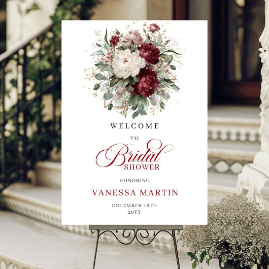 Maroon Floral Eucalyptus Gold Bridal Welcome Sign Poster