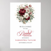 Maroon Floral Greenery Bridal Shower Welcome Poster (Vorne)