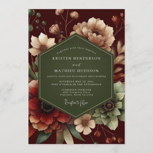 Maroon Forest Bloom Wedding Einladung (Vorderseite)
