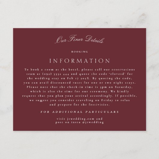 Maroon Formal Classic Calligraphy Wedding Details Begleitkarte (Vorderseite)