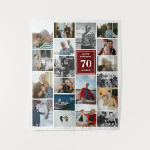 Maroon Foto Collage Happy Geburtstag Name & Alter Wandteppich