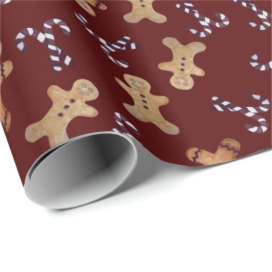 Maroon Gingerbread men & Candy Cane Christmas Wrap Geschenkpapier (Rolleneckpunkt)