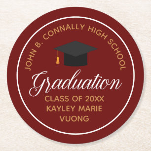 Maroon Gold Abschluss Custom School Party Runder Pappuntersetzer