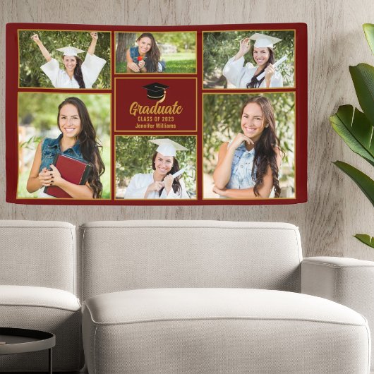 Maroon Gold Abschluss Foto Collage Modernes Party Banner