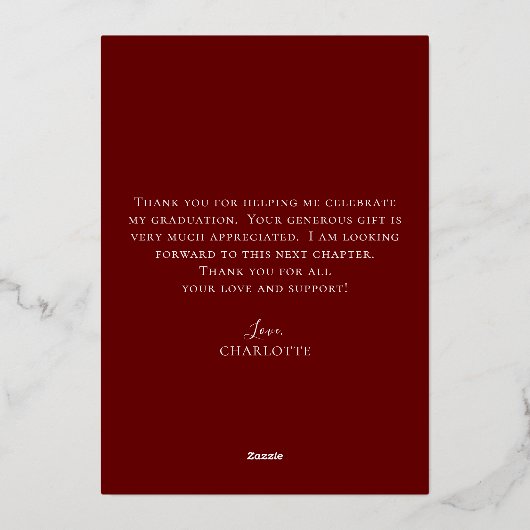 Maroon & Gold Abschluss Foto Vielen Dank Folieneinladung (Rückseite)