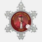 Maroon Gold Baseball Player Photo High School Schneeflocken Zinn-Ornament (Vorderseite)