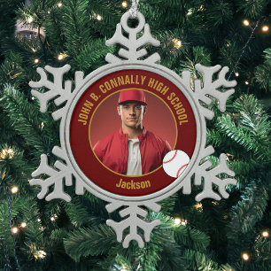 Maroon Gold Baseballspieler Foto High School Schneeflocken Zinn-Ornament