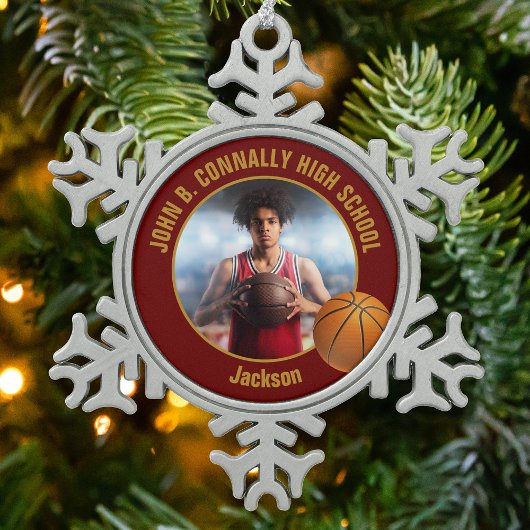 Maroon Gold Basketball Player Photo Schneeflocken Zinn-Ornament