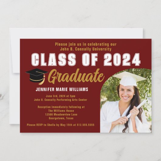 Maroon Gold Class of 2025 Foto Graduation Party Einladung (Vorderseite)