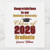 Maroon Gold Class of 2026 Custom Graduation Party Weinetikett (Einzelnes Label)