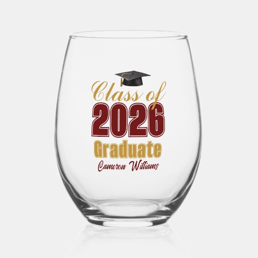 Maroon Gold Class of 2026 Graduation Party Weinglas Ohne Stiel (Vorderseite)