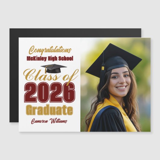 Maroon Gold Class of 2026 Graduation Photo Magnet (Vorne/Hinten)