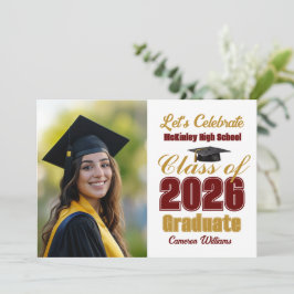 Maroon Gold Class of 2026 Photo Graduation Party Einladung