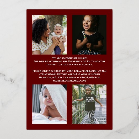 Maroon Gold Confetti Foil Abschluss Ankündigung (Rückseite)