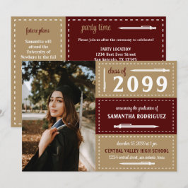 Maroon & Gold Dotted Boxes and Pencils Abschluss Einladung