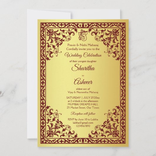 Maroon Gold Elefant indische Bräute Luxus Hochzeit Einladung (Rückseite)