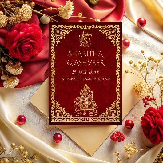 Maroon Gold Elefant indische Bräute Luxus Hochzeit Einladung