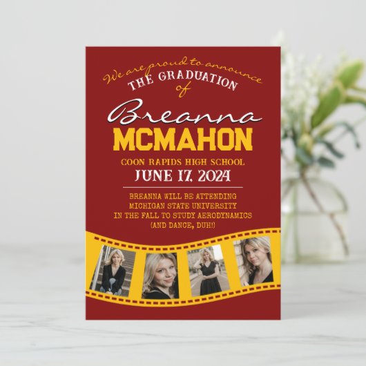 Maroon & Gold Filmstrip Abschluss Ankündigung (Stehend Vorderseite)